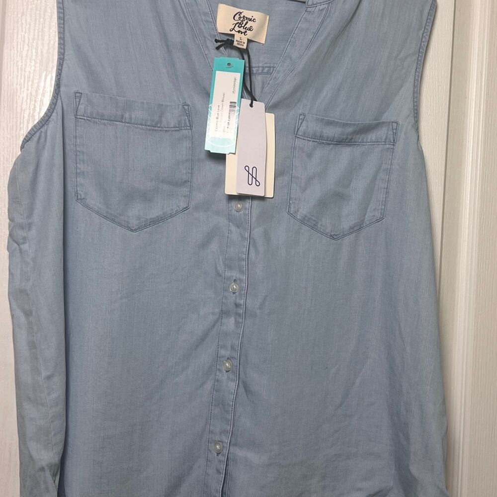 Cosmic Blue Love Chambray Sleeveless Button Down Top L NWT